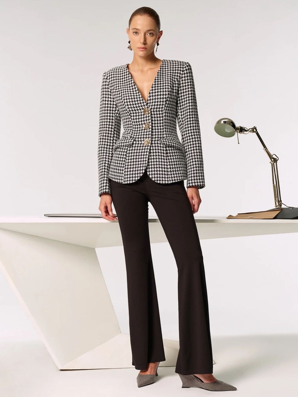 Commense Black White Metal Button Houndstooth Blazer S - Picture 3 of 9